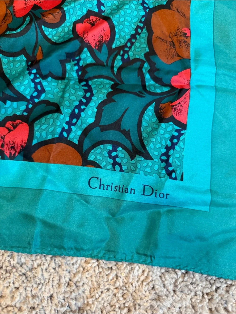 Dior Turquoise Floral Silk Scarf with Coral and Brown Accents Vintage 100% Silk